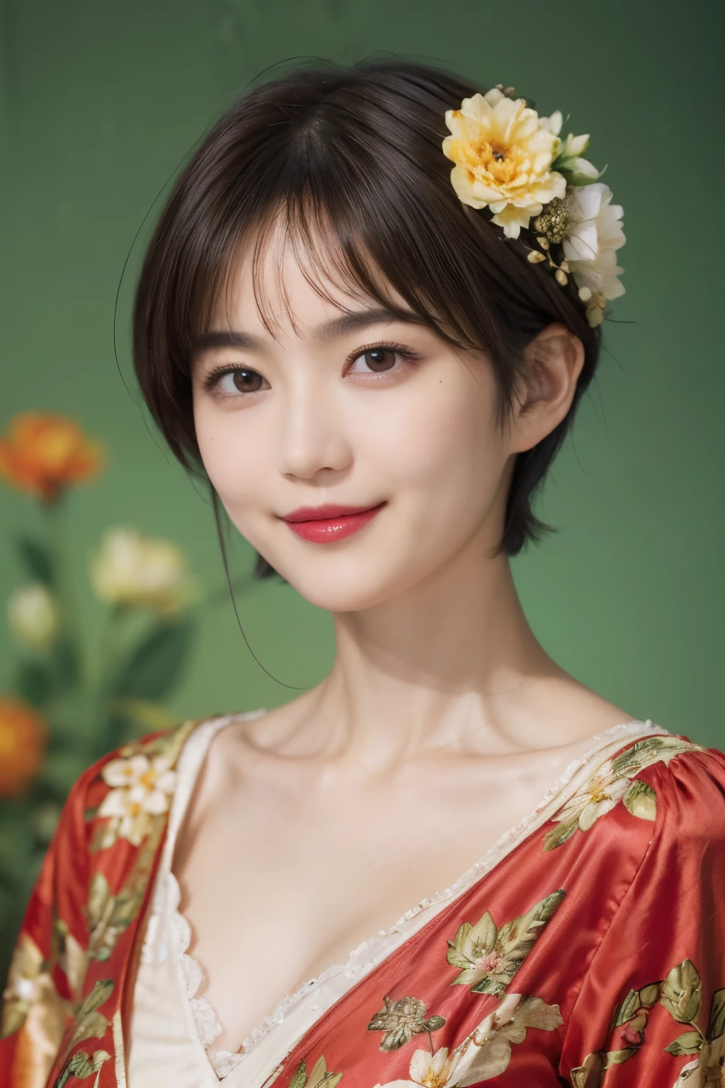 148
(20 year old woman,Floral costume), (surreal), (High resolution), ((beautiful hairstyle 46)), ((short hair:1.46)), (gentle smile), (breasted:1.1), (lipstick)