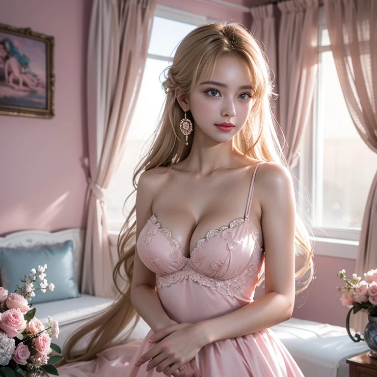 masterpiece,Highest image quality,Super details,best quality ,extremely delicate and beautiful, Very detailed,best quality, official art, Extremely detailed CG unified 8k wallpaper, Ana de Armas portrait photo, Blonde hair with black pupils,shiny skin, (beautiful eyes:1.1), beautiful skin, big watery eyes,(detailed lighting:1.2), (Beautiful and detailed light:1.3),Bubble lip gloss, delicate and dignified romantic pink dress,Beautiful udder, The most perfect breast ball shape,firm breast balls,Deep cleavage,Naked of breast,complex, digital drawing, Smooth, sharp focus, end of the world, epic reality, (high dynamic range:1.4), (pastel colors:1.4), Revelation,Bright colors, screen space refraction, (intricate details, Super detailed:1.3), art station, lens, complex background, buliding,Beautiful smile,The most beautiful look,Dreamcatcher earrings,dreamlike,The best look,Beautiful bubble lip gloss, delicate, dignified and romantic pink goddess,