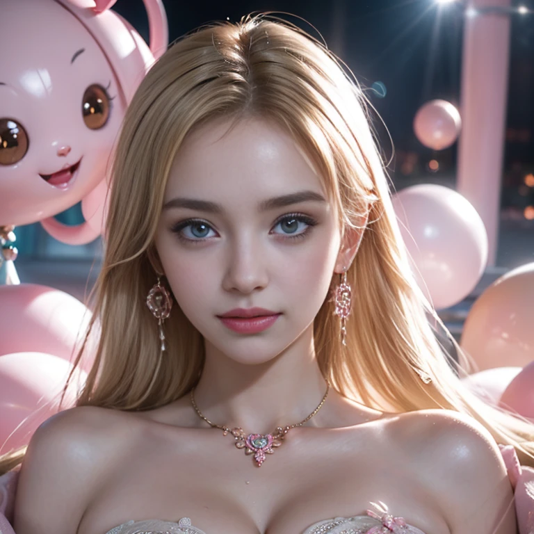 masterpiece,Highest image quality,Super details,best quality ,extremely delicate and beautiful, Very detailed,best quality, official art, Extremely detailed CG unified 8k wallpaper, Ana de Armas portrait photo, Blonde hair with black pupils,shiny skin, (beautiful eyes:1.1), beautiful skin, big watery eyes,(detailed lighting:1.2), (Beautiful and detailed light:1.3),Bubble lip gloss, delicate and dignified romantic pink dress,Beautiful udder, The most perfect breast ball shape,firm breast balls,Deep cleavage,Naked of breast,complex, digital drawing, Smooth, sharp focus, end of the world, epic reality, (high dynamic range:1.4), (pastel colors:1.4), Revelation,Bright colors, screen space refraction, (intricate details, Super detailed:1.3), art station, lens, complex background, buliding,Beautiful smile,The most beautiful look,Dreamcatcher earrings,dreamlike,The best look,Beautiful bubble lip gloss, delicate, dignified and romantic pink goddess,