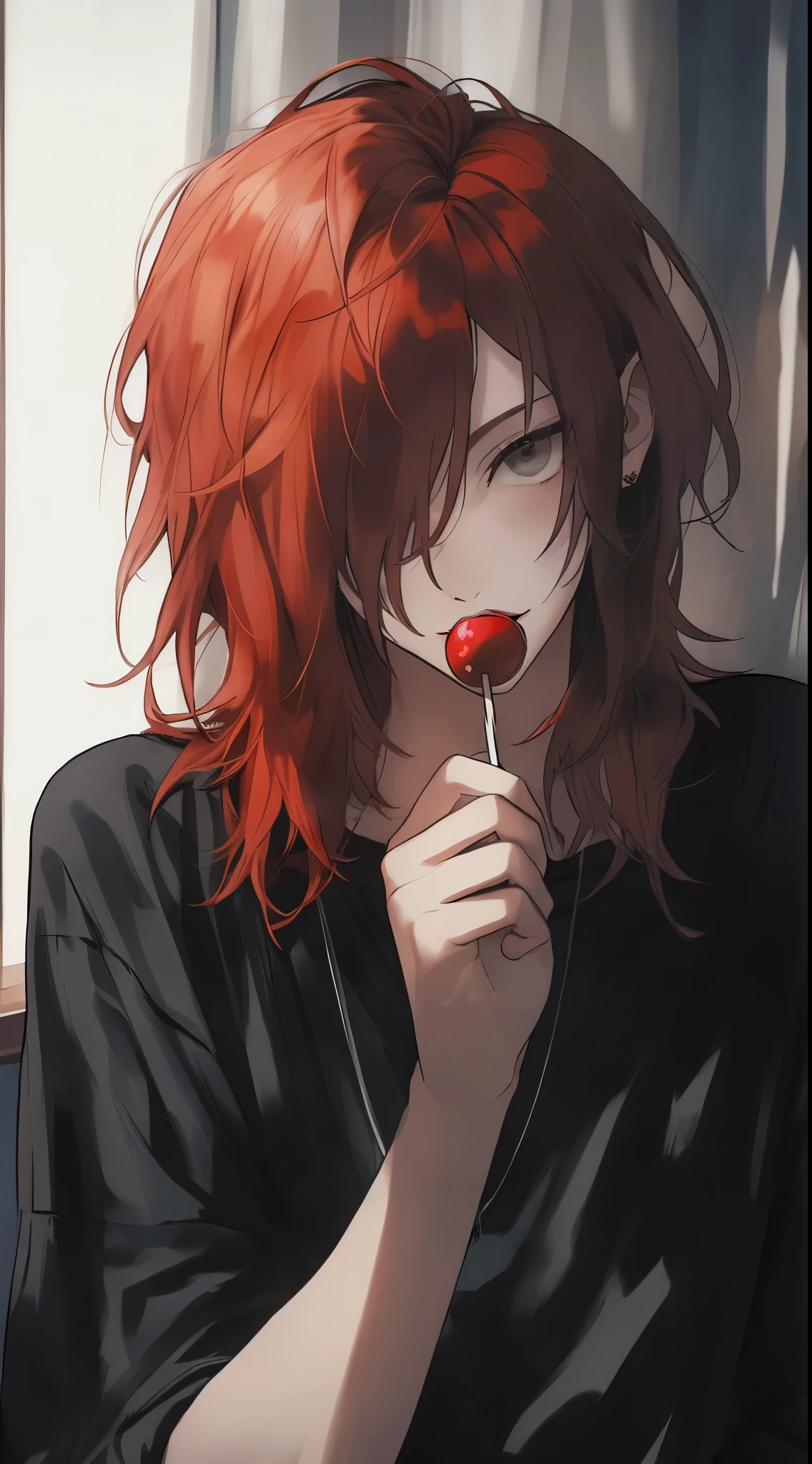 ((gray eyes)),  thick lips, Beautiful young man, red hair, shoulder length hair, slit eyes, lollipop, black casual clothes, monotone room,high quality, amount of drawing, pixiv illustration