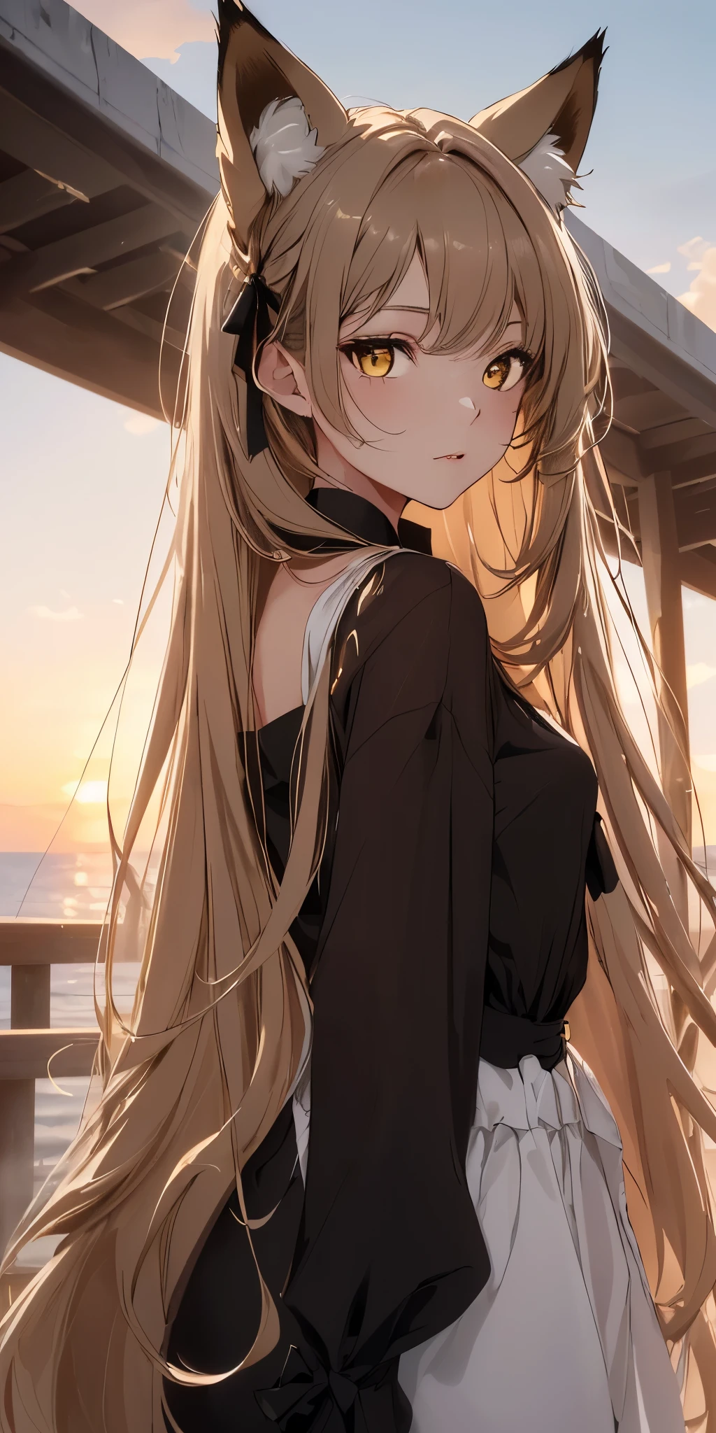 (top quality, masterpiece, high quality, ultra-delicate), fox ears, ((beautiful girl)), (smooth dark blonde hair), mature, graceful curves, (long hair, long bangs), sunset-like Yellow eyes, modern clothing, fashionable clothing, black collar, black shirt, casual ribbon, medium ?????, (dark eye circles), charm, fashion