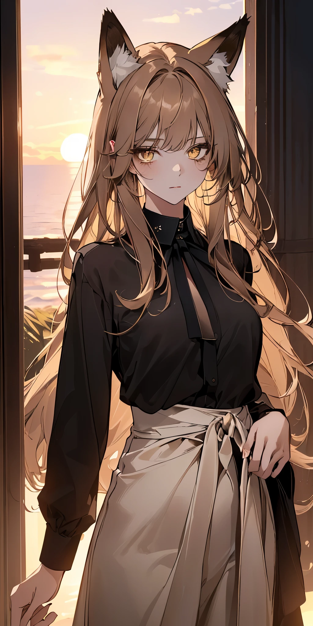 (top quality, masterpiece, high quality, ultra-delicate), fox ears, ((beautiful girl)), (smooth dark blonde hair), mature, graceful curves, (long hair, long bangs), sunset-like Yellow eyes, modern clothing, fashionable clothing, black collar, black shirt, casual ribbon, medium chest, (dark eye circles), charm, fashion