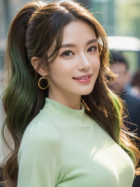 woman((30 years old)), hair((wavy, Golden brown)), eye((smart eye, green)), Clothes((New York Fashion Week, light green)),  smile, brain out, ponytail, accessories, １girl