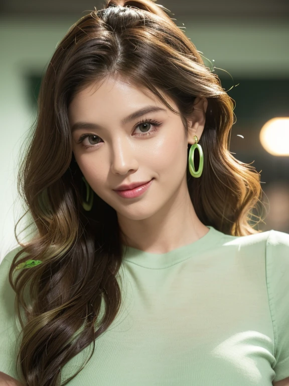 woman((30 years old)), hair((wavy, Golden brown)), eye((smart eye, green)), Clothes((New York Fashion Week, light green)), smile, brain out, ponytail, accessories, 1girl