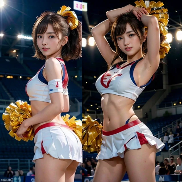 onoff,side-by-side photo,split screen,((Best Quality, 8k, photo realistic:1.4, Masterpiece)), back Lighting, highly detailed facial textures women, 1girl,Japanese,28yo, (((bule Cheerleader:1.2))), ((Stadium Background: 1.2)), arm up, ultra-detailed skin, beautiful make up, detailed eyes, smile, open mouth, shiny brown messy short hairstyles,