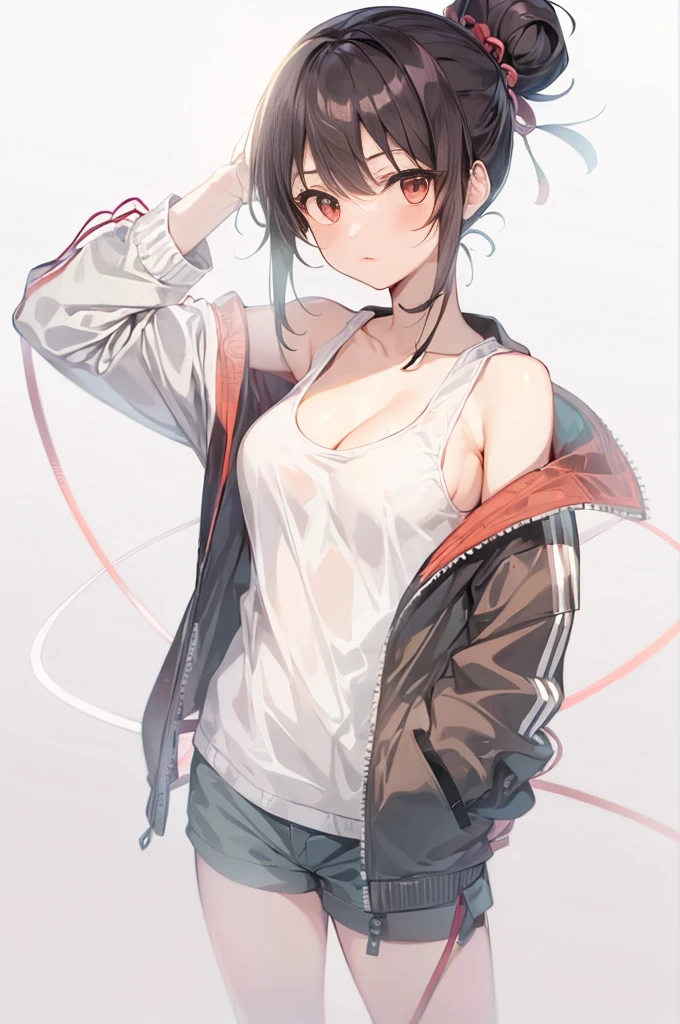 (((highest quality, High resolution, Japan Manga))) , red eyes, 1 girl, alone, looking at the viewer, topknot,bun hair, black hair, long sleeve, cleavage, medium breasts, closed mouth, clavicle, white tank top, Open Parka, black hoodie, shorts,cool beauty,Two-dimensional beautiful girl,Japan anime beautiful girl,(Tie your hair with a red string)