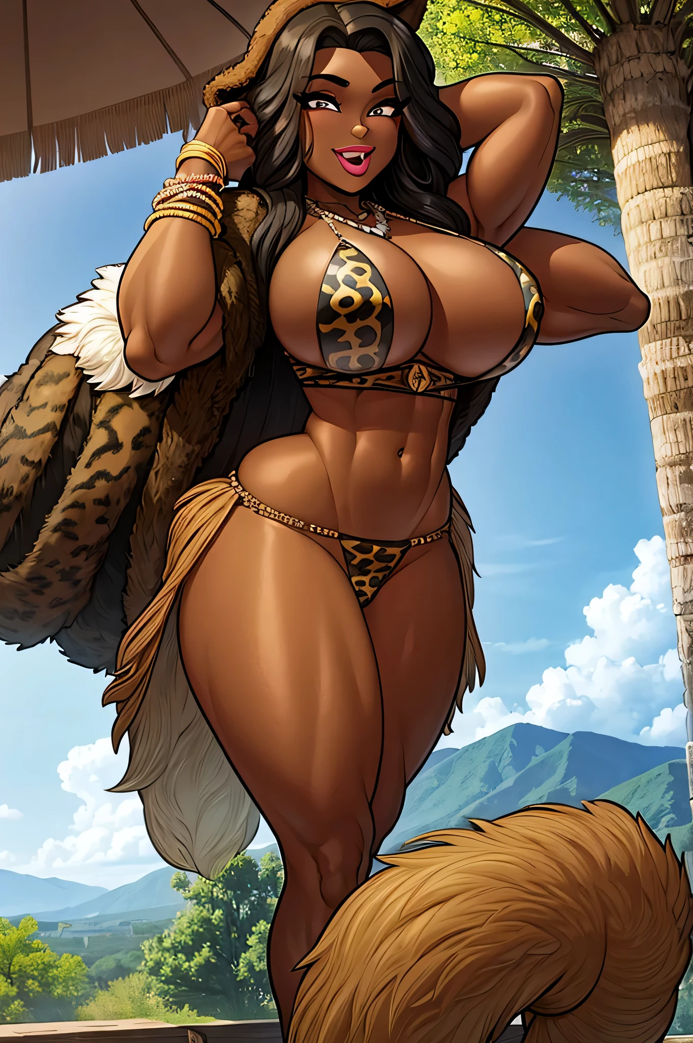 masterpiece, dark wavy hair, dark skin, giant breasts, animal print tribal loincloth, jungle, thick thighs, voluptuous, bone necklace, animal skin cloak