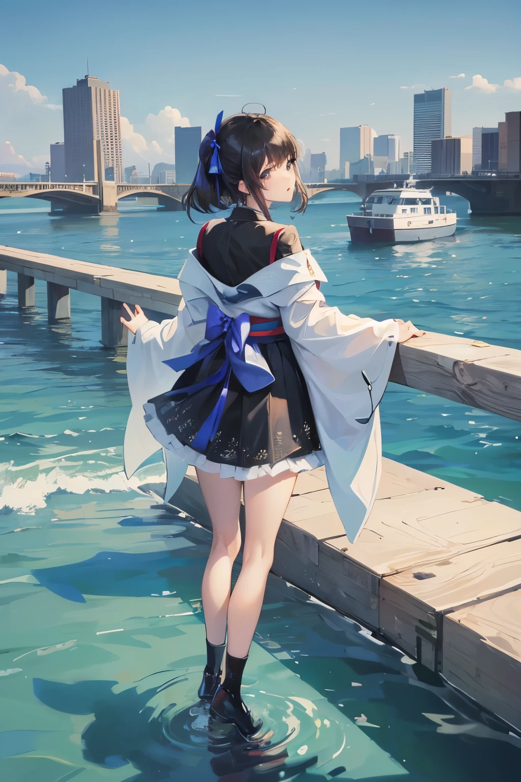 (masterpiece,up to date,abnormal:1.2), Japanese cartoons,1 girl,Bangs,Black_hair, Beautiful 8k eyes,blue_sky空,bridge,architecture,castle,City,Cityscape,cloud,sky,skirt,watching_exist_audience,outdoor,Red_tie,Red_ribbon,ribbon,river,short_hair,short_sleeve,sky空,sky空scraper,alone,permanent,town,wexister