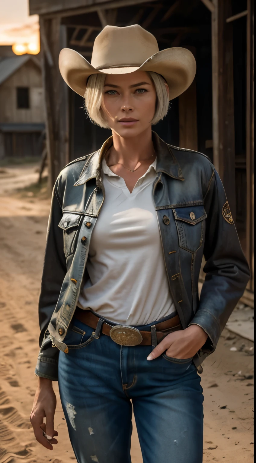 RAW photo of 50 years old Doutzen Kroes, mature woman, masterpiece, best quality, (photorealistic:1.4), (cowboy outfit, jacket over shirt, dirty pants, cowboy hat) Create dystopian masterpieces. Western theme, dusty atmosphere, wooden buildings, a setting sun casting long shadows, aged and worn costumes, anticipation in the air, intense standoff, empty street, deserted town, beautiful woman, medium breasts, platinum hair, short short (bob haircut:1.2), wrinkles on the face,