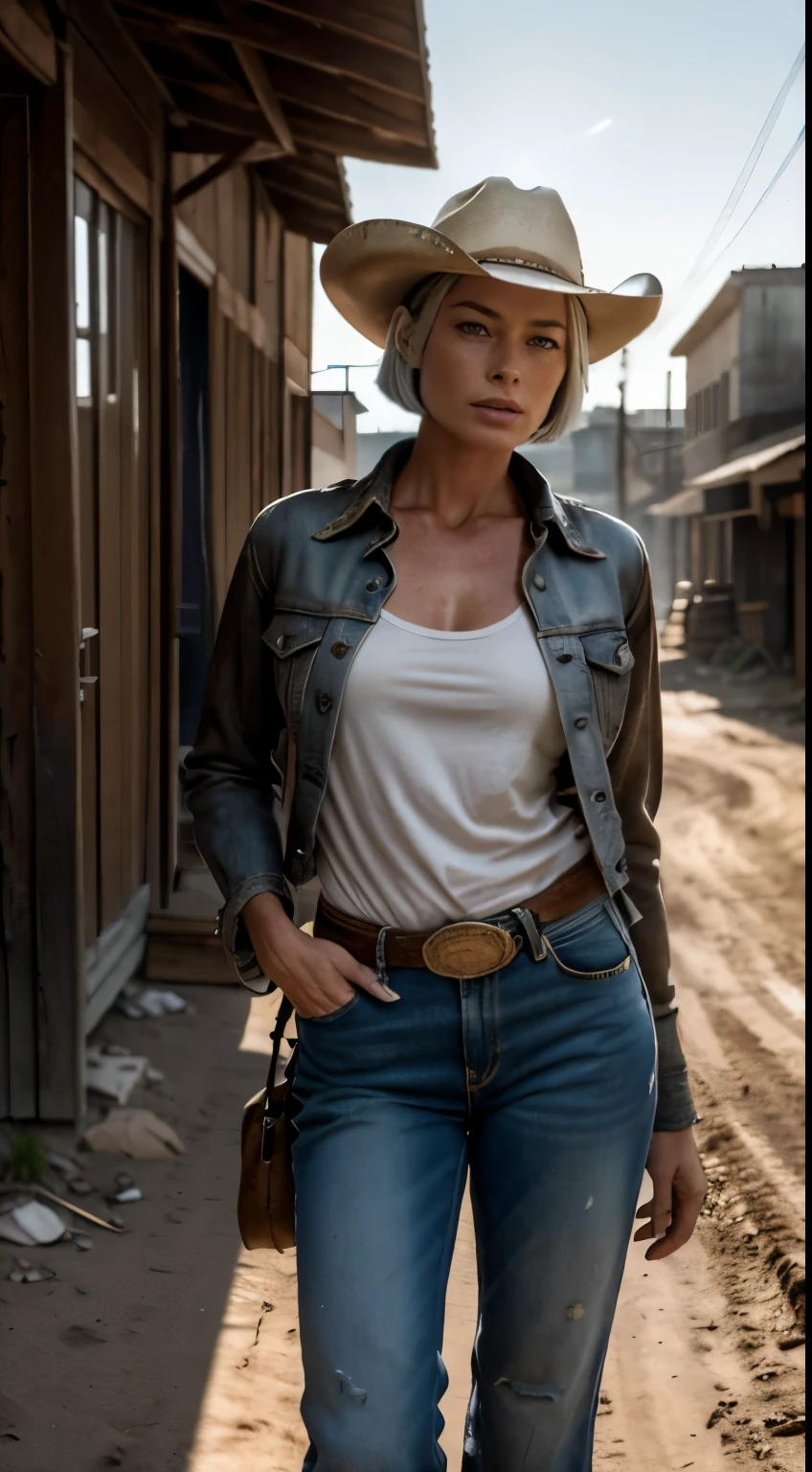 RAW photo of 50 years old Doutzen Kroes, mature woman, masterpiece, best quality, (photorealistic:1.4), (cowboy outfit, jacket over shirt, dirty pants, cowboy hat) Create dystopian masterpieces. Western theme, dusty atmosphere, wooden buildings, a setting sun casting long shadows, aged and worn costumes, anticipation in the air, intense standoff, empty street, deserted town, beautiful woman, medium breasts, platinum hair, short short (bob haircut:1.2), wrinkles on the face,