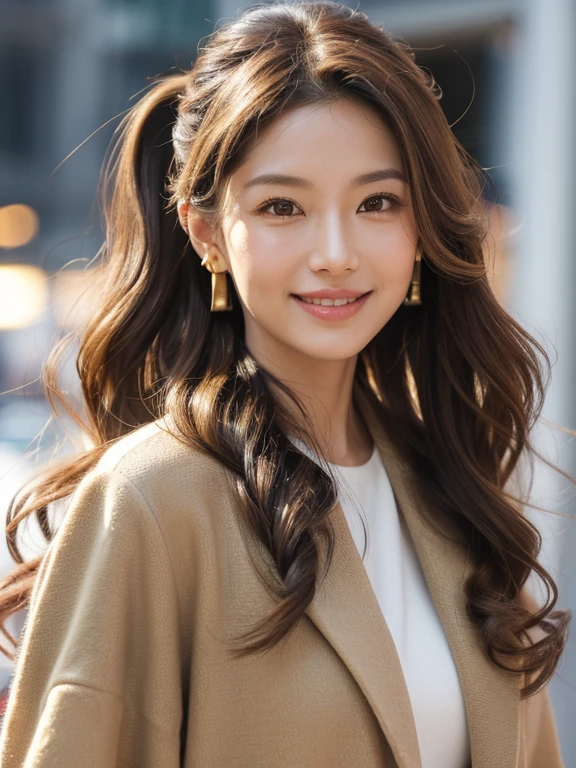 woman((30 years old)), hair((wavy, Golden brown)), eye((smart eye, )), Clothes((New York Fashion Week, light)),  smile, brain out, ponytail, accessories, １girl