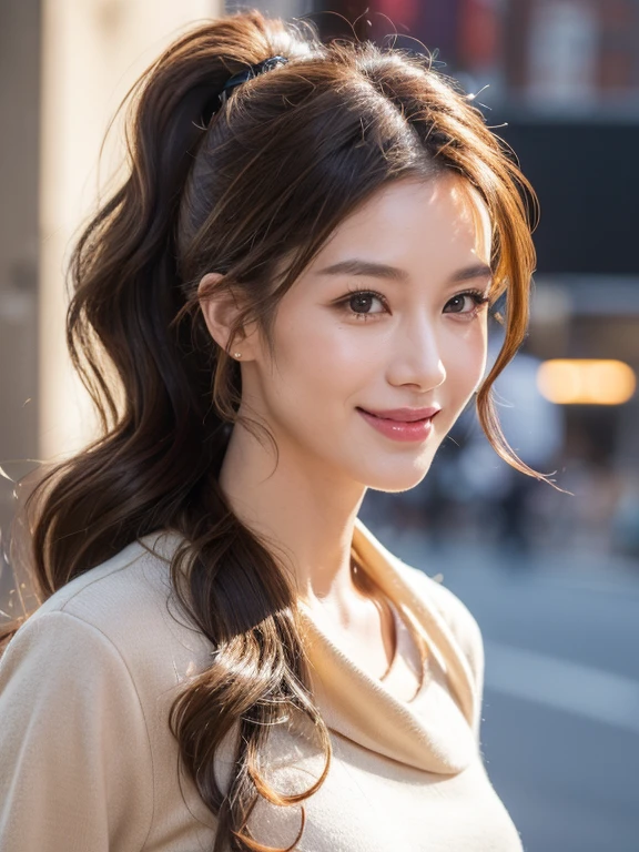 woman((30 years old)), hair((wavy, Golden brown)), eye((smart eye, )), Clothes((New York Fashion Week, light)),  smile, brain out, ponytail, accessories, １girl