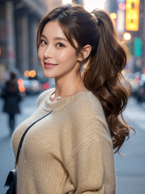 woman((30 years old)), hair((wavy, Golden brown)), eye((smart eye, )), Clothes((New York Fashion Week, light)), smile, brain out, ponytail, accessories, 1girl