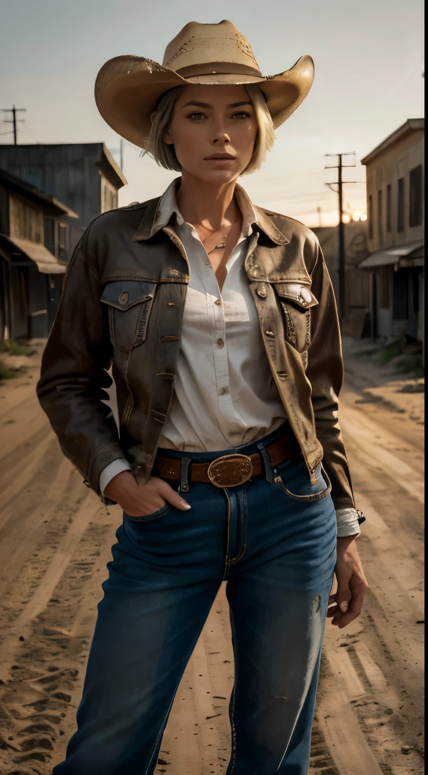 RAW photo of 50 years old Doutzen Kroes, mature woman, masterpiece, best quality, (photorealistic:1.4), (cowboy outfit, jacket over shirt, dirty pants, cowboy hat) Create dystopian masterpieces. Western theme, dusty atmosphere, wooden buildings, a setting sun casting long shadows, aged and worn costumes, anticipation in the air, intense standoff, empty street, deserted town, beautiful woman, medium breasts, platinum hair, short short (bob haircut:1.2), wrinkles on the face,
