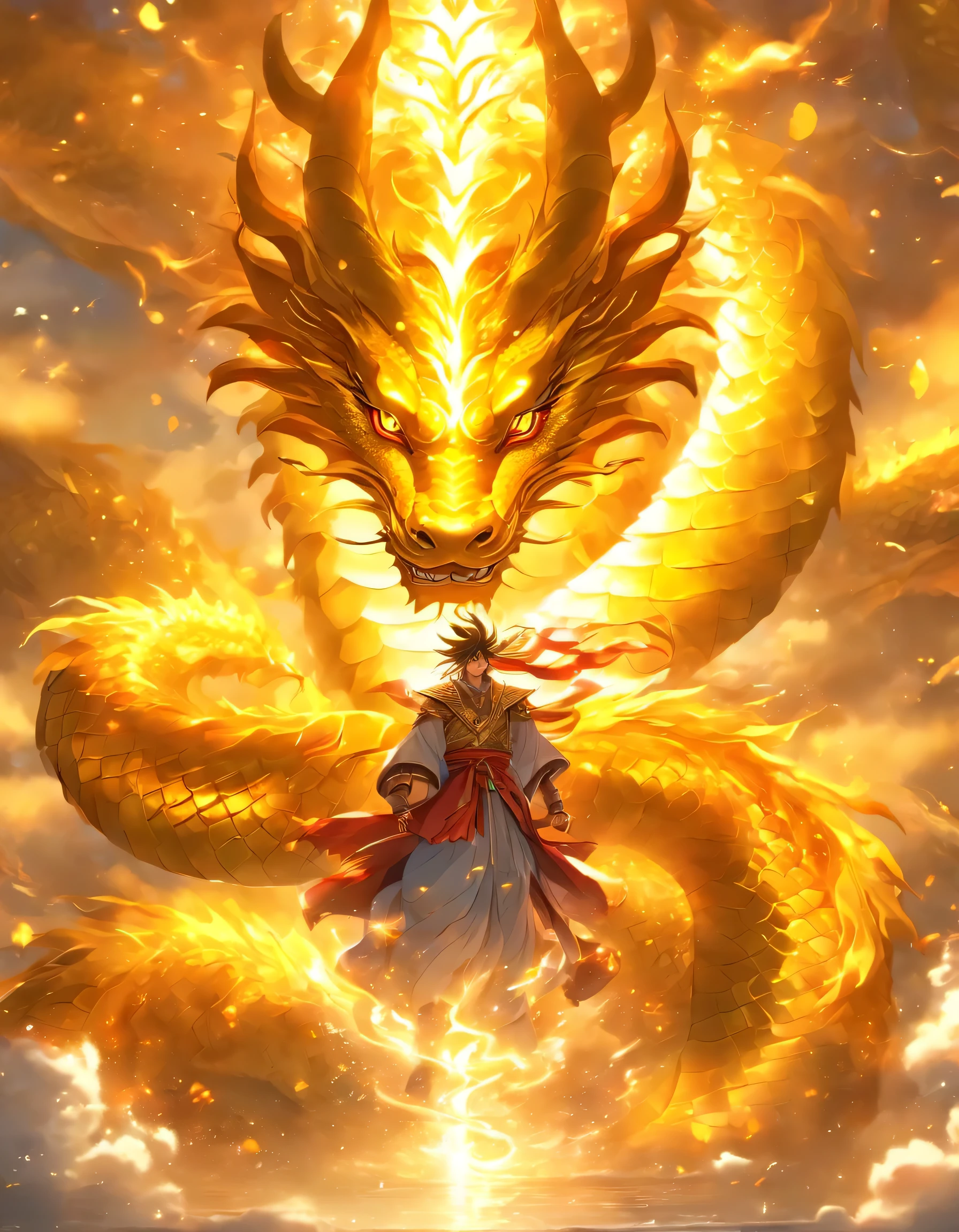 「Make an illustration of the golden dragon god。Long as a snake、Heading Up、Shōryū、Sunny sky、spiritual、Spirit、chakra、Spiritual world、Fantastical」