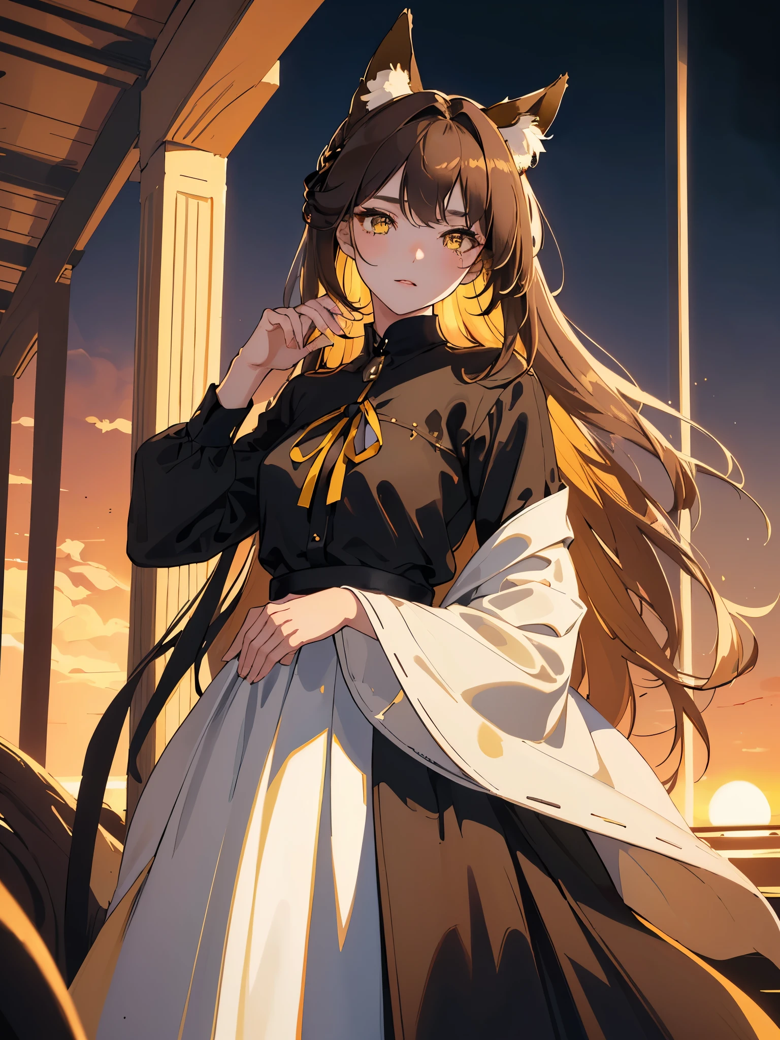 (top quality, masterpiece, high quality, ultra-delicate), fox ears, ((beautiful girl)), (smooth dark blonde hair), mature, graceful curves, (long hair, long bangs), sunset-like Yellow eyes, modern clothing, fashionable clothing, black collar, black shirt, casual ribbon, medium chest, (dark eye circles), charm, fashion