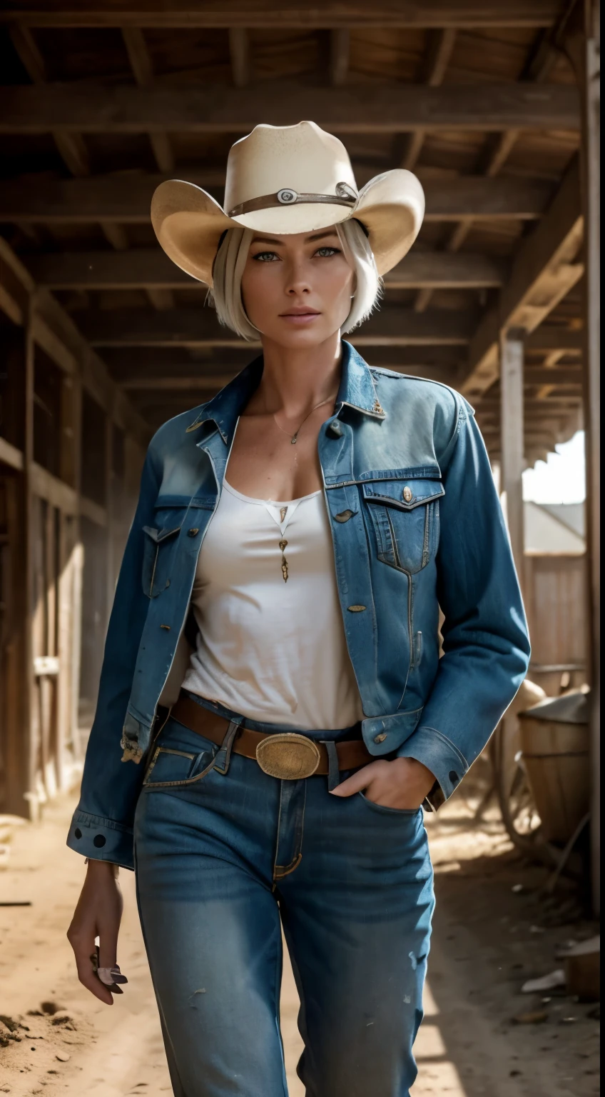 RAW photo of 50 years old Doutzen Kroes, mature woman, masterpiece, best quality, (photorealistic:1.4), (cowboy outfit, jacket over shirt, dirty pants, cowboy hat) Create dystopian masterpieces. Western theme, dusty atmosphere, wooden buildings, a setting sun casting long shadows, aged and worn costumes, anticipation in the air, intense standoff, empty street, deserted town, beautiful woman, medium breasts, platinum hair, short short (bob haircut:1.2), wrinkles on the face,