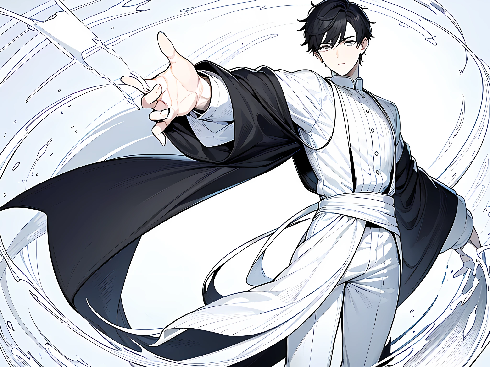 1 boy, wearing white shirt, black hair, short hair, face to detail, detailed eyes, perfect hands, the background is just white, doing a magician pose while standing, monochrome (clear line, lineart), full-body illustration