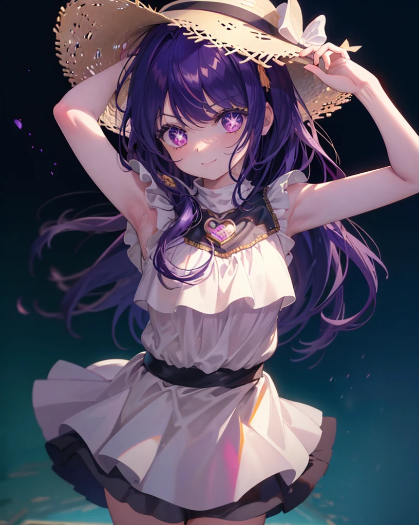 1 girl, whole body, cowboy shot,
(rembrandt), figure, (masterPiece), (highest quality), (ultra_be familiar with), finely, (DePth of field),
HshinoAi, long hair, star \(symbol\), looking at the viewer, (PurPle hair:1.2), PurPle eyes, uPPer body, :P, smile,symbol-shaPed PuPils, hands uP, , star-shaPed PuPils, arms uP,Sleeveless miniskirt dress with straw hat,short boots,In town,walking,