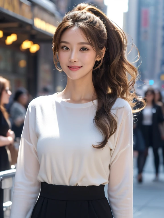 woman((30 years old)), hair((wavy, Golden brown)), eye((smart eye, )), Clothes((New York Fashion Week, light, random color)), smile, brain out, ponytail, accessories, 1girl