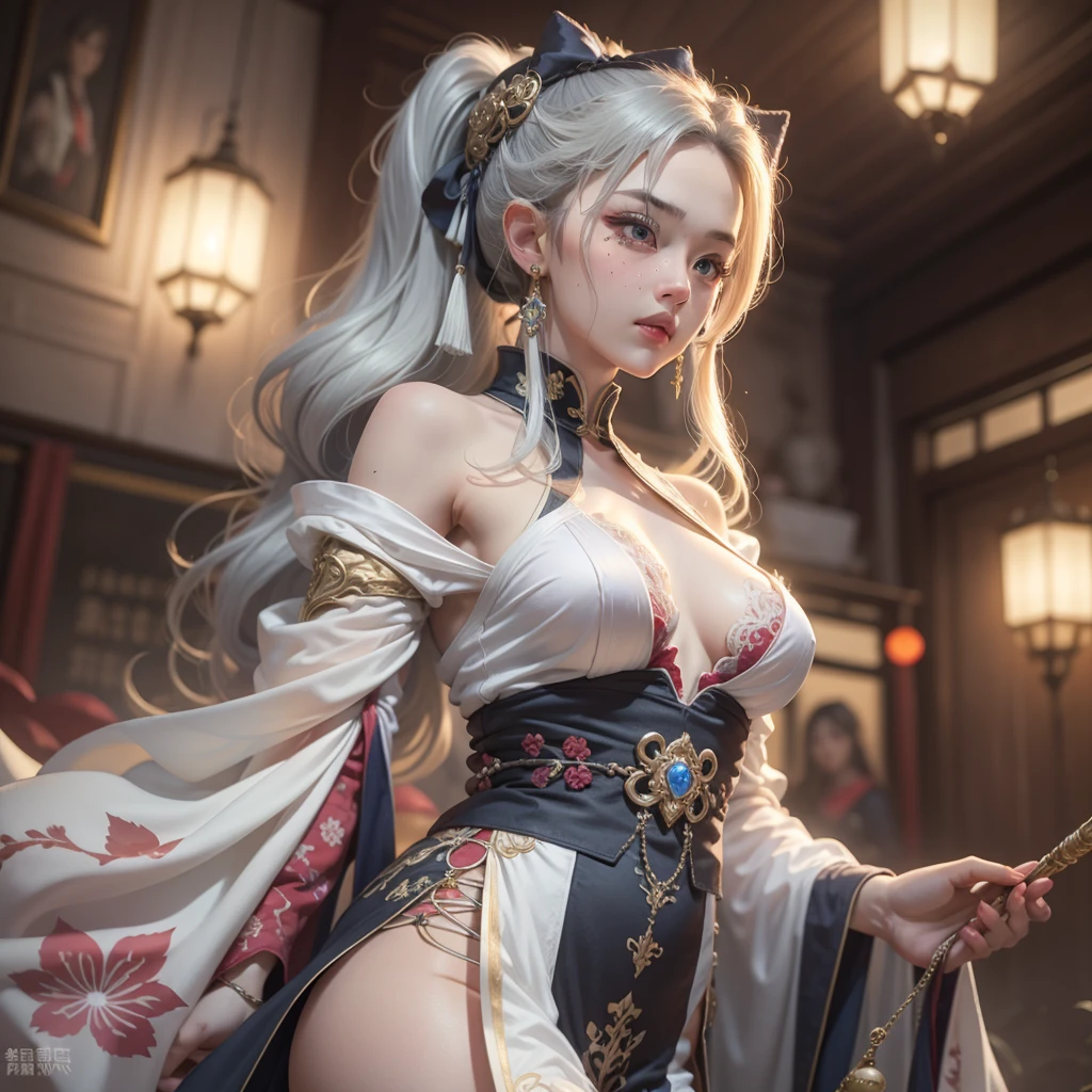 (Best Quality, Masterpiece: 1.2), Ultra High Resolution, Realistic, Front Lighting, Intricate Details, Exquisite Details and Textures, 1girl, Solo, (Young), Facial Highlight, Upper Body, Detail Face, Tear Mole, White Skin, Silver Hair, High Ponytail, Looking at the Audience, Big Eyes, Silk Hanfu, (Openwork Pattern, White, Silk), Earrings, Big Breasts, Slim Figure, Chang'an Avenue, Professional Lighting, Photon Mapping, Light Energy Transfer, Physically Based Rendering,