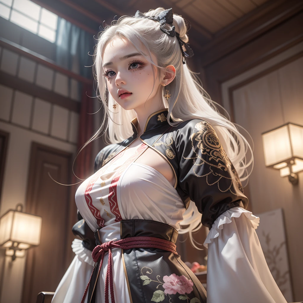 (Best Quality, Masterpiece: 1.2), Ultra High Resolution, Realistic, Front Lighting, Intricate Details, Exquisite Details and Textures, 1girl, Solo, (Young), Facial Highlight, Upper Body, Detail Face, Tear Mole, White Skin, Silver Hair, High Ponytail, Looking at the Audience, Big Eyes, Silk Hanfu, (Openwork Pattern, White, Silk), Earrings, Big Breasts, Slim Figure, Chang'an Avenue, Professional Lighting, Photon Mapping, Light Energy Transfer, Physically Based Rendering,