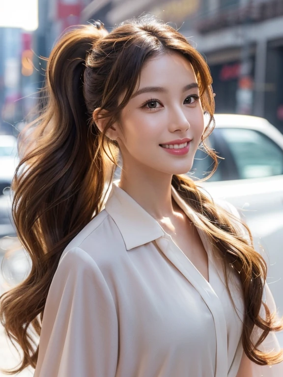 woman((30 years old)), hair((wavy, Golden brown)), eye((smart eye, )), Clothes((New York Fashion Week, light, random color)),  smile, brain out, ponytail, accessories, １girl