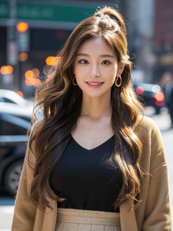 woman((30 years old)), hair((wavy, Golden brown)), eye((smart eye, )), Clothes((New York Fashion Week, light, random color)), smile, brain out, ponytail, accessories, 1girl