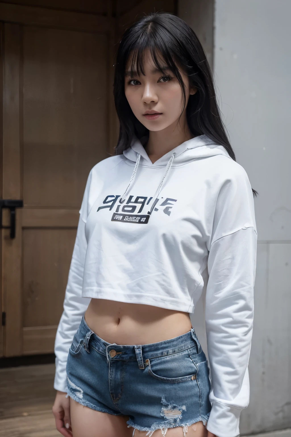 photo of a fit white skinned, korean female model, black hair, wearing black hoodie top and denim shorts, posing like a model in korea, medium length hair, medium hair, UHD, masterpiece, high quality, best quality, highres, retina, textured skin