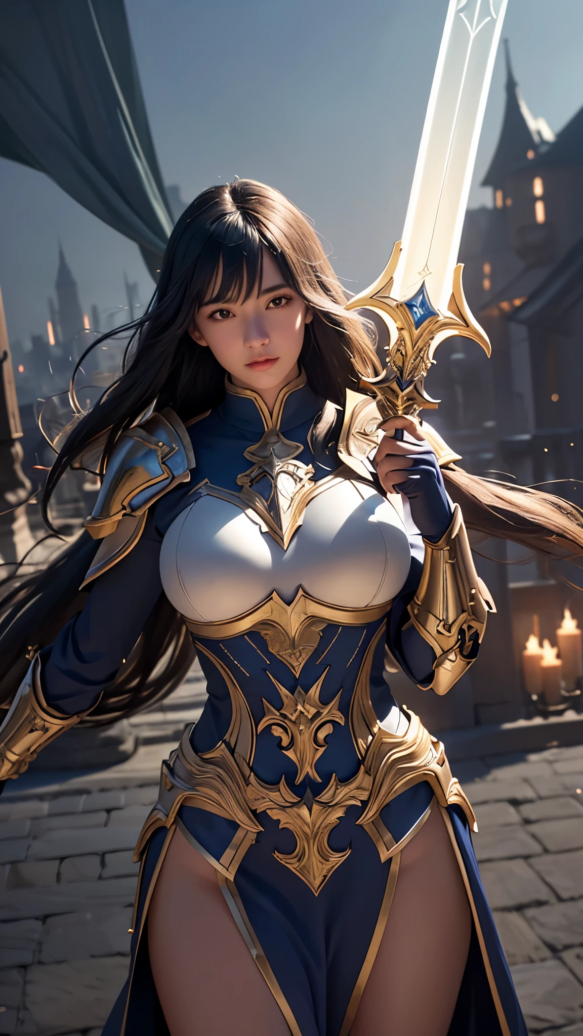 "a formidable paladin，Wielding a radiant sword, Exudes powerful light magic. The scene is set in a dark and mysterious cityscape, Illuminated by the light of the Paladin&#39;s sword. This work has been carefully crafted, Amazing attention to detail and lighting. The overall aesthetic is reminiscent of Fujifilm photography, Capture the beauty and depth of the scene."