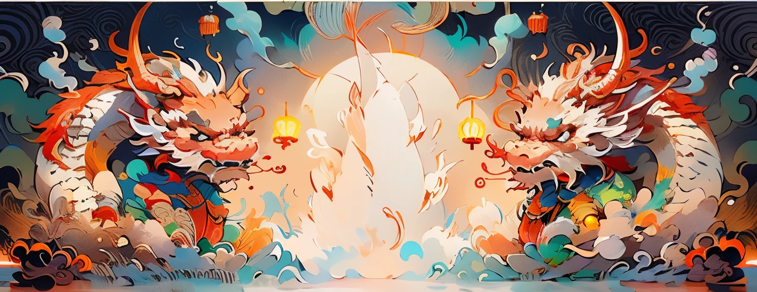 Best quality at best, Lighting, Referee fire, the ocean, (Festival poster: 2024 New Year, mascot: two Cartoon Chinese Dragon)