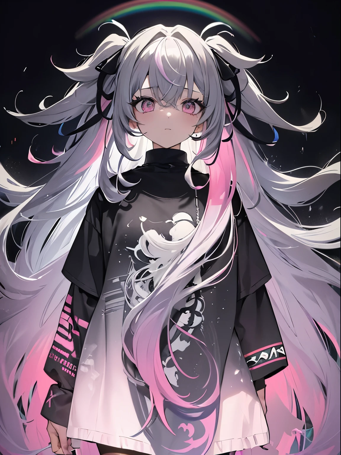 (masterpiece,best quality,ultra-detailed),1girl,very long hair,very curly hair, messy hair,(multicolored hair,rainbow hair),((grey theme)),((pastel colours theme)),in a gray wasteland covered in ashes, cloudy, grey ambient