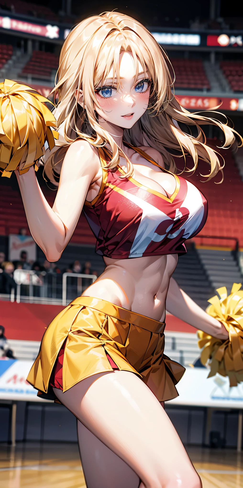 （（highest quality，8K，T Masterpiece：1.3）），Tits sharp focus：1.2，cute woman with perfect shape：1.4，（（（（（huge cleavage））），（ridiculously huge breasts：1.5），straight hair、Hair in the wind（huge hips），smile，slender abs：1.2，（（Beautiful golden hair，：1.4）），Highly detailed face and skin texture，detailed eyes
(1 girl),solo, jumping,dynamic pose, dynamic angle,
open mouth,smile,
cheerleader,crop top,miniskirt,holding pom poms,pom pom \(cheerleading\), hands up,