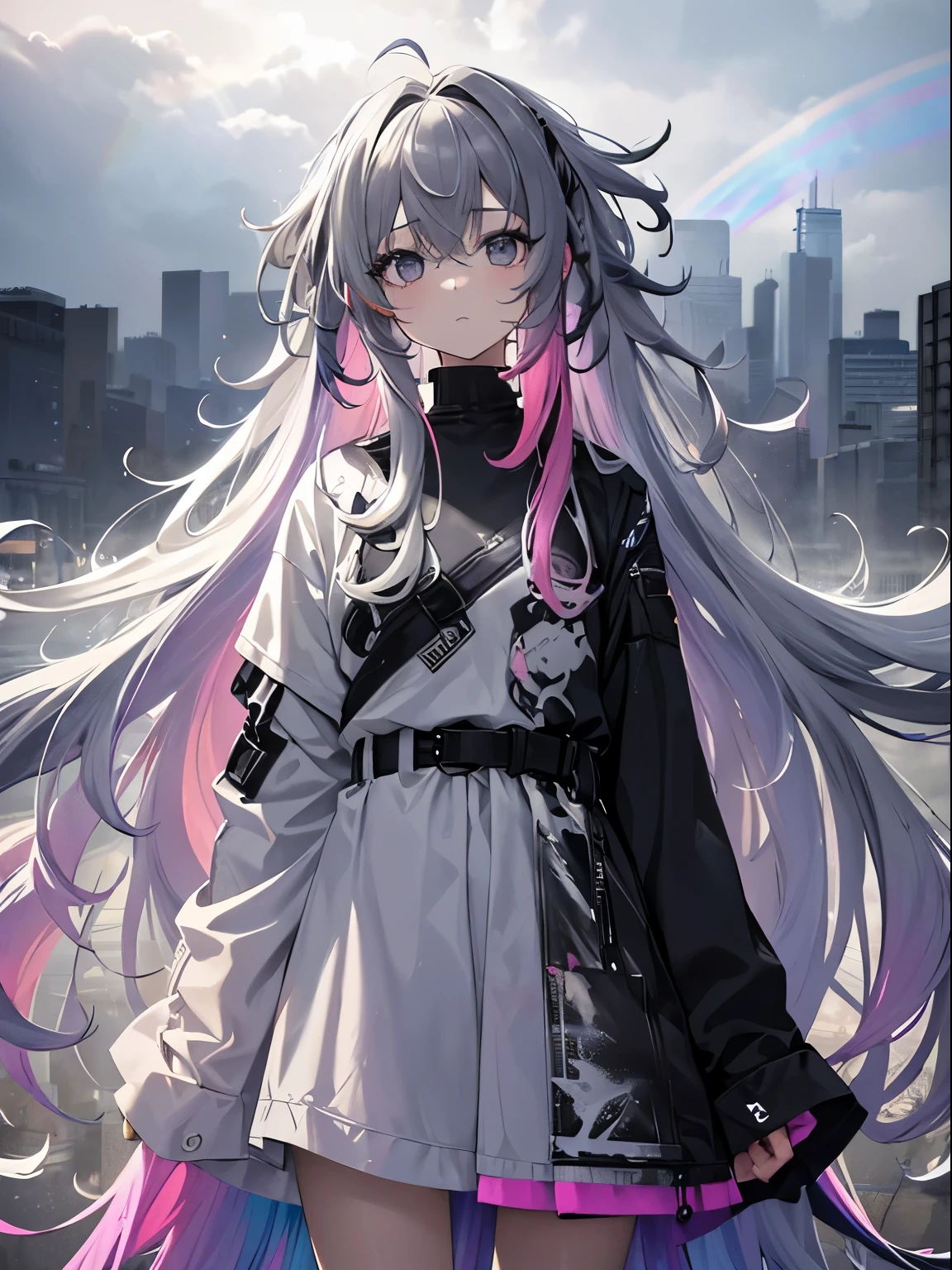 (masterpiece,best quality,ultra-detailed),1girl,very long hair,very curly hair, messy hair,(multicolored hair,rainbow hair),((grey theme)),((pastel colours theme)),in a gray wasteland covered in ashes, cloudy, grey ambient