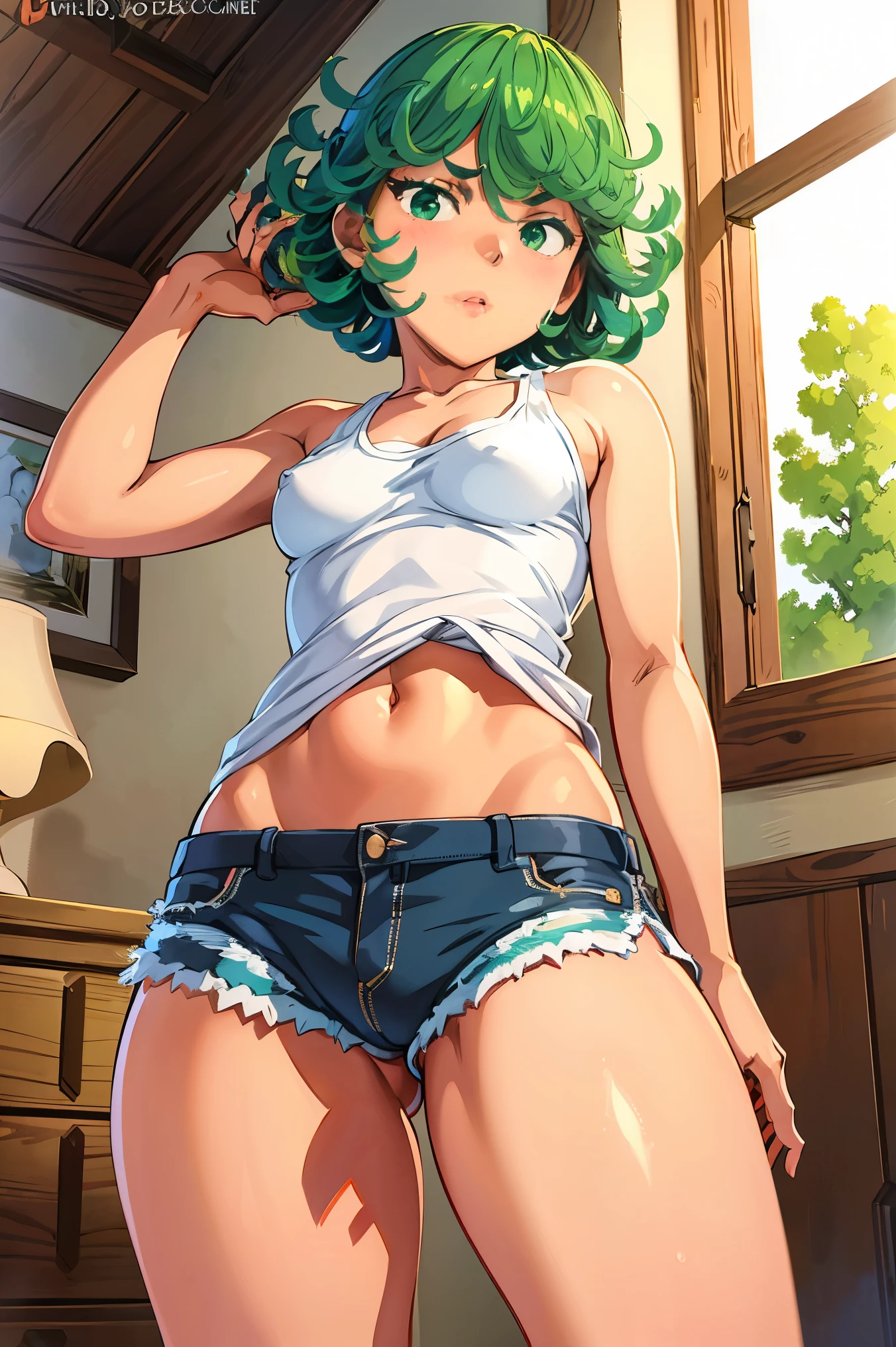 There was one girl with shiny skin in the bedroom, sexyposture,best qualtiy,tmasterpiece,(Photorealsitic:1.4),breast enhancement,reality,offcial art,The 8k quality,Super Detail,Fine detail skin,Movie angle,Cinematic textures,Movie Lighting,masutepiece,The highest image quality,1 girl,Vermilion lips,hair messy,showing panties,Big Mimi,((small breasts)),Underbust,1girll,Naked whole body,short hair,upper limbs, green hair, green eyes, ((blushing)), ((tanktop)), ((standing)), thick thighs, ((shorts)), (from below)