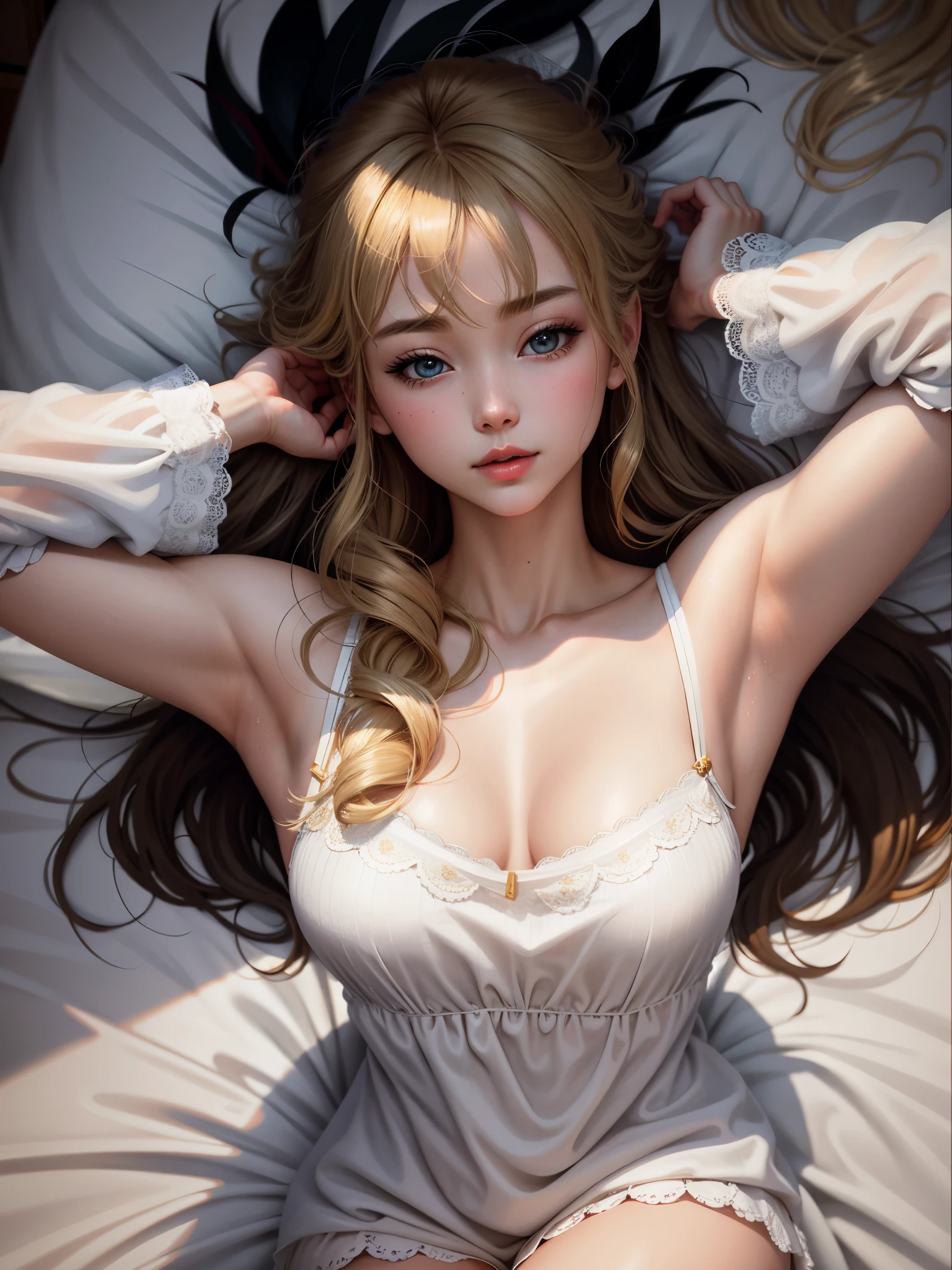 blond，shiny golden hair，The girl lay on the bed，Perfect beautiful face，Pure white lace pajamas、Sleep flat on the bed、arms raised、armpit