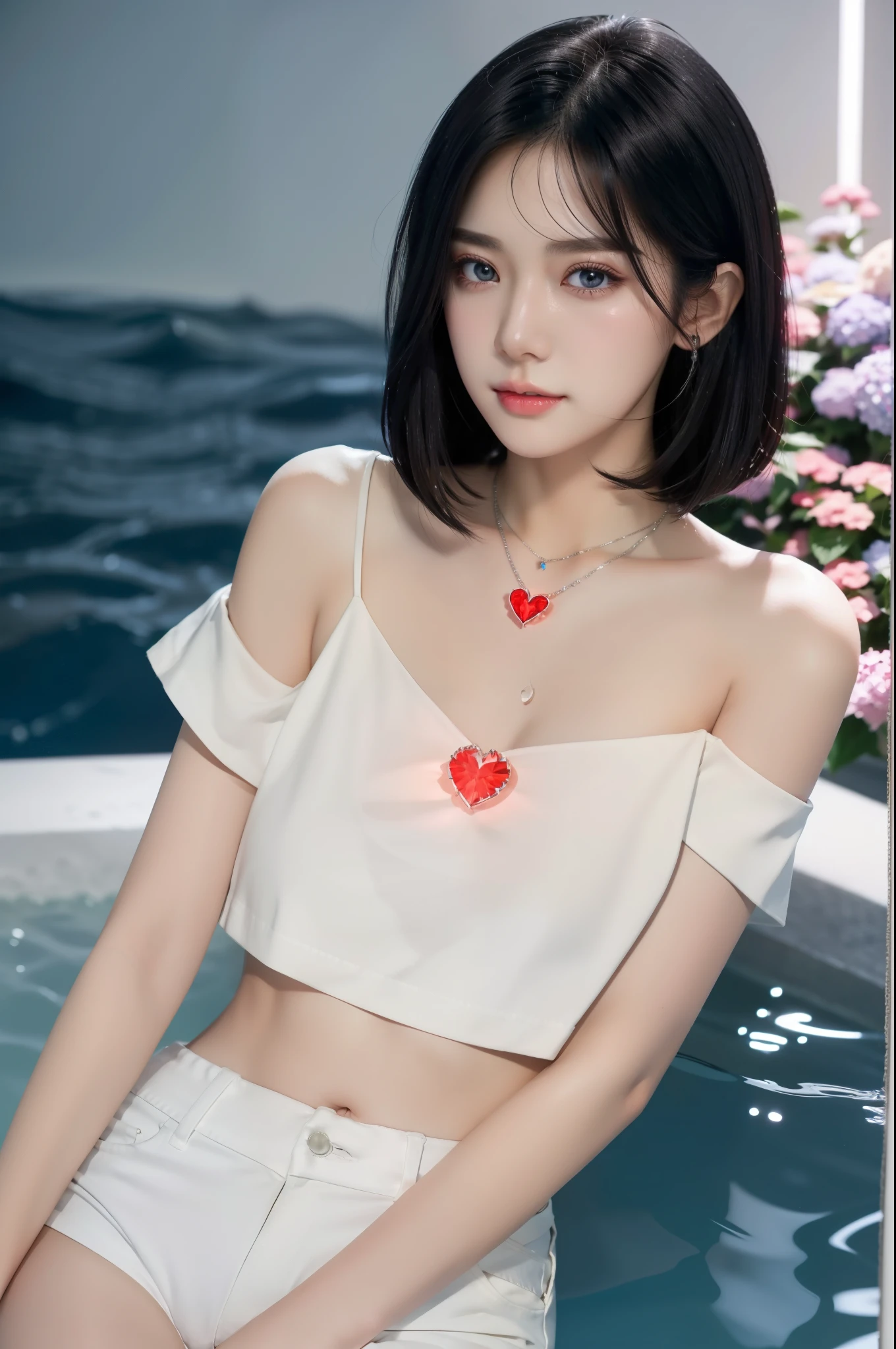 4k, June scenery, Beautiful girl, shoulder-length straight bob hair,black hair, small breasts, watery eyes, white shirt, hot pants, neon red heart necklace, looking at viewer, night, colorful hydrangea,Heartbeat