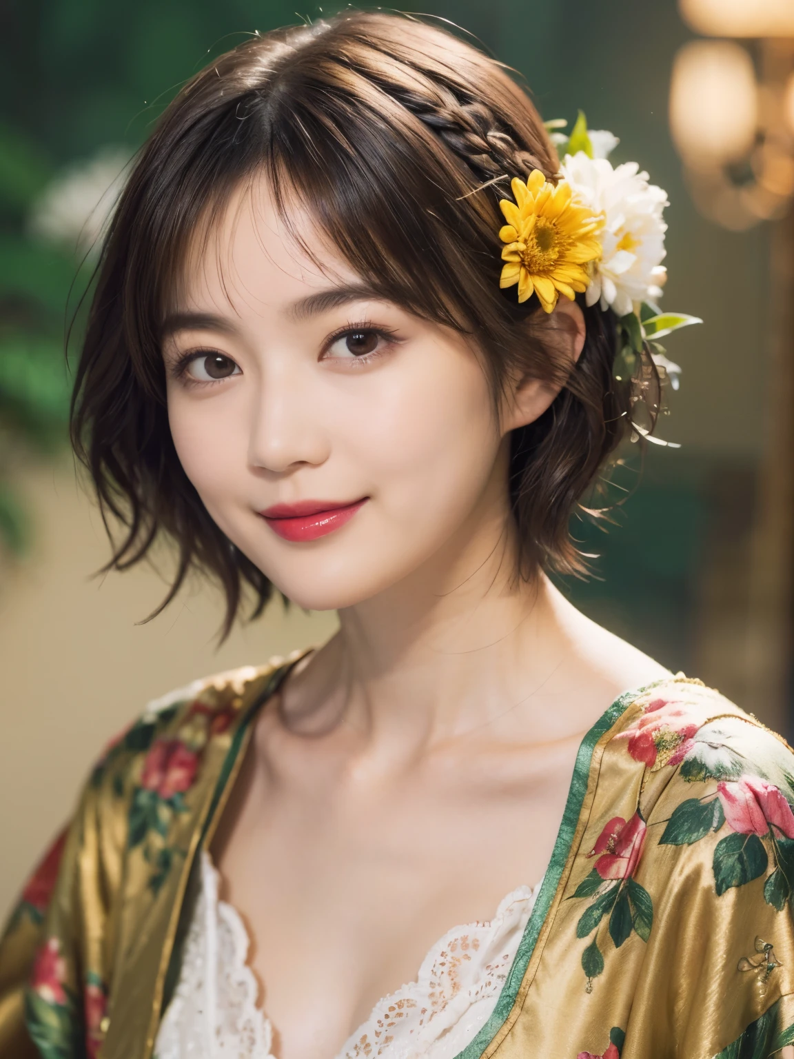 148
(20 year old woman,Floral costume), (surreal), (High resolution), ((beautiful hairstyle 46)), ((short hair:1.46)), (gentle smile), (breasted:1.1), (lipstick)