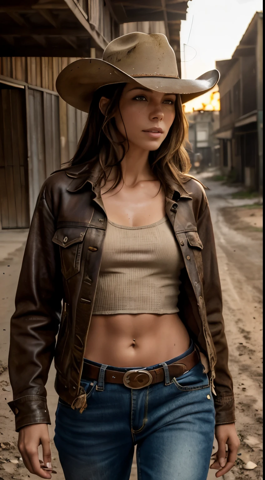 Foto hiperrealista en primer plano de Kate Beckinsale, masterpiece, best quality, (photorealistic:1.4), (cowboy outfit, jacket over shirt, dirty pants, cowboy hat) Create dystopian masterpieces. Western theme, dusty atmosphere, wooden buildings, a setting sun casting long shadows, aged and worn costumes, anticipation in the air, intense standoff, empty street, deserted town, beautiful woman, skinny, small breasts, straight brown hair, detailed face, smile, photo taken from a distance, age 20 tears old