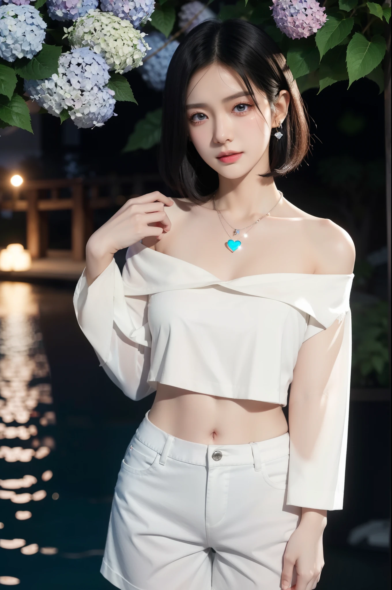 4k, June scenery, Beautiful girl, shoulder-length straight bob hair,black hair, small breasts, watery eyes, white shirt, hot pants, neon red heart necklace, looking at viewer, night, colorful hydrangea,Heartbeat