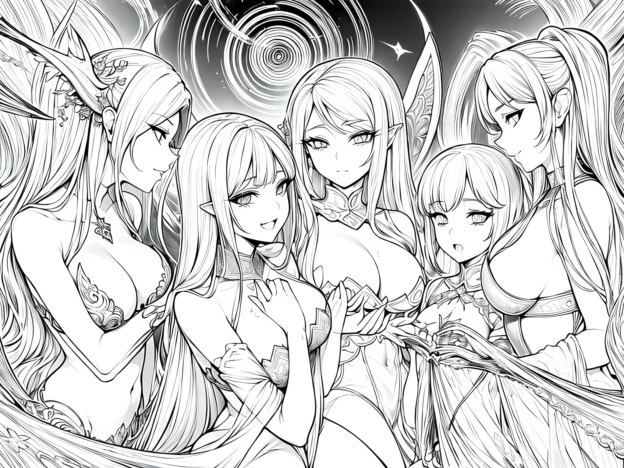 4 sexy wives from elf, demon, fairy and human race, wearing sexy outfit, perfect hands, the background is just white, seductive facial expression, monochrome (clear line, lineart)