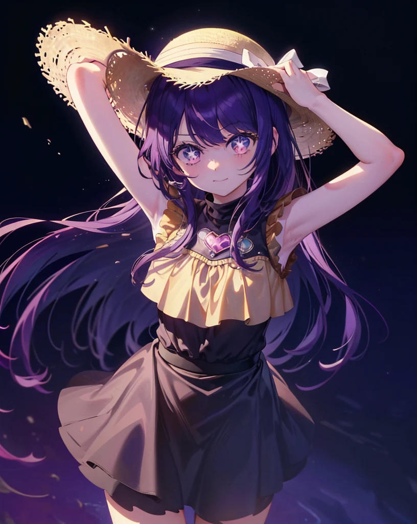 1 girl, whole body, cowboy shot,
(rembrandt), figure, (masterPiece), (highest quality), (ultra_be familiar with), finely, (DePth of field),
HshinoAi, long hair, star \(symbol\), looking at the viewer, (PurPle hair:1.2), PurPle eyes, uPPer body, :P, smile,symbol-shaPed PuPils, hands uP, , star-shaPed PuPils, arms uP,Sleeveless miniskirt dress with straw hat,short boots,In town,walking,(masterpiece:1.2), highest quality, High resolution, unity 8k wallpaper, (figure:0.8), (beautiful and fine eyes:1.6), highly detailed face, perfect lighting, Very detailed CG, (perfect hands, perfect anatomy),