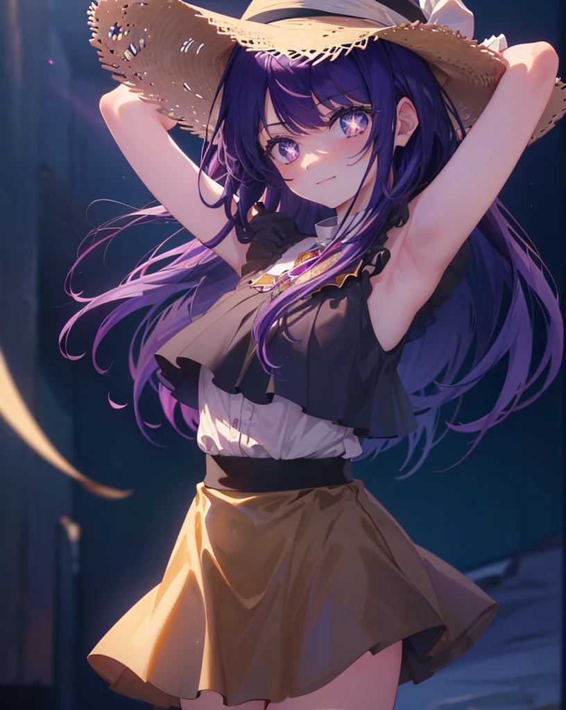 1 girl, whole body, cowboy shot,
(rembrandt), figure, (masterPiece), (highest quality), (ultra_be familiar with), finely, (DePth of field),
HshinoAi, long hair, star \(symbol\), looking at the viewer, (PurPle hair:1.2), PurPle eyes, uPPer body, :P, smile,symbol-shaPed PuPils, hands uP, , star-shaPed PuPils, arms uP,Sleeveless miniskirt dress with straw hat,short boots,In town,walking,(masterpiece:1.2), highest quality, High resolution, unity 8k wallpaper, (figure:0.8), (beautiful and fine eyes:1.6), highly detailed face, perfect lighting, Very detailed CG, (perfect hands, perfect anatomy),