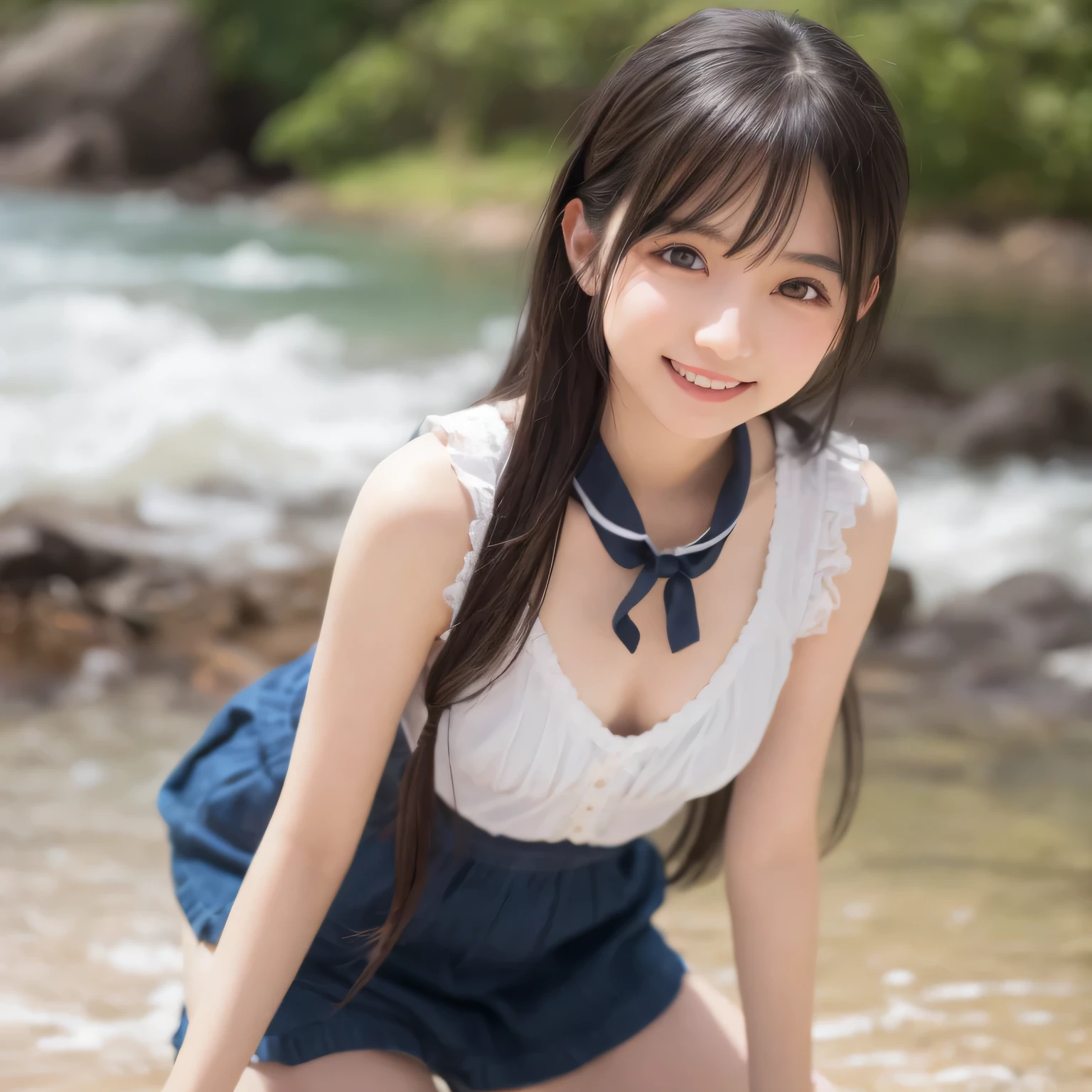 on the table, best quality, illustration, Super detailed, fine details, high resolution, 8k wallpaper, Perfect dynamic composition, Beautiful and delicate eyes,whole body摄影,show your whole body、collared shirt、mini skirt,thin and transparent、long gray hair, Bold sexy pose,Smile,Harajuku、20 year old girl、Eyeliner、beautiful bangs、hair between eyes、((masterpiece、top quality、Super detailed、movie light、intricate details、high resolution、Very detailed))、background for this、8 kood、digital SLR、soft light、high quality、film grain、富士XT3 、shallow view deep、natural soft light、Kamimei、See the knees, side view, standing at the beach,Look at the sexy shots of the lens、Above the legs、whole body、
