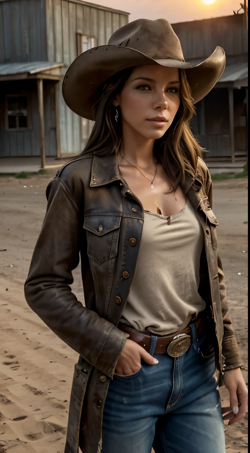 Foto hiperrealista en primer plano de Kate Beckinsale, masterpiece, best quality, (photorealistic:1.4), (cowboy outfit, jacket over shirt, dirty pants, cowboy hat) Create dystopian masterpieces. Western theme, dusty atmosphere, wooden buildings, a setting sun casting long shadows, aged and worn costumes, anticipation in the air, intense standoff, empty street, deserted town, beautiful woman, skinny, small breasts, straight brown hair, detailed face, smile, photo taken from a distance, age 20 tears old