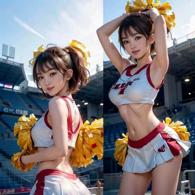 onoff,side-by-side photo,split screen,((Best Quality, 8k, photo realistic:1.4, Masterpiece)), back Lighting, highly detailed facial textures women, 1girl,Japanese,28yo, (((bule Cheerleader:1.2))), ((Stadium Background: 1.2)), arm up, ultra-detailed skin, beautiful make up, detailed eyes, smile, open mouth, shiny brown messy short hairstyles,Slender body,(pussy),nipples,,