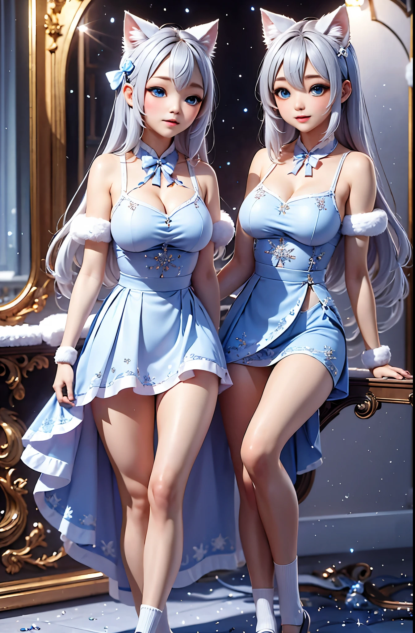 masterpiece,best quality,official art, extremely detailed CG unity 8k wallpaper,absurdres,8k resolution,yukiwo,mole under eye,color contact lenses,cat mouth,embarrassed,long hair,silver hair,hair behind ear,ribbon   legwear,sock dangle,ice crystal texture,looking at mirror,skirt lift,in winter,snowflakes,tanabata,Cinematic Lighting） mid shot,Soft illumination,dreamy atmosphere,Unreal Engine，8k octane beautifully detailed render