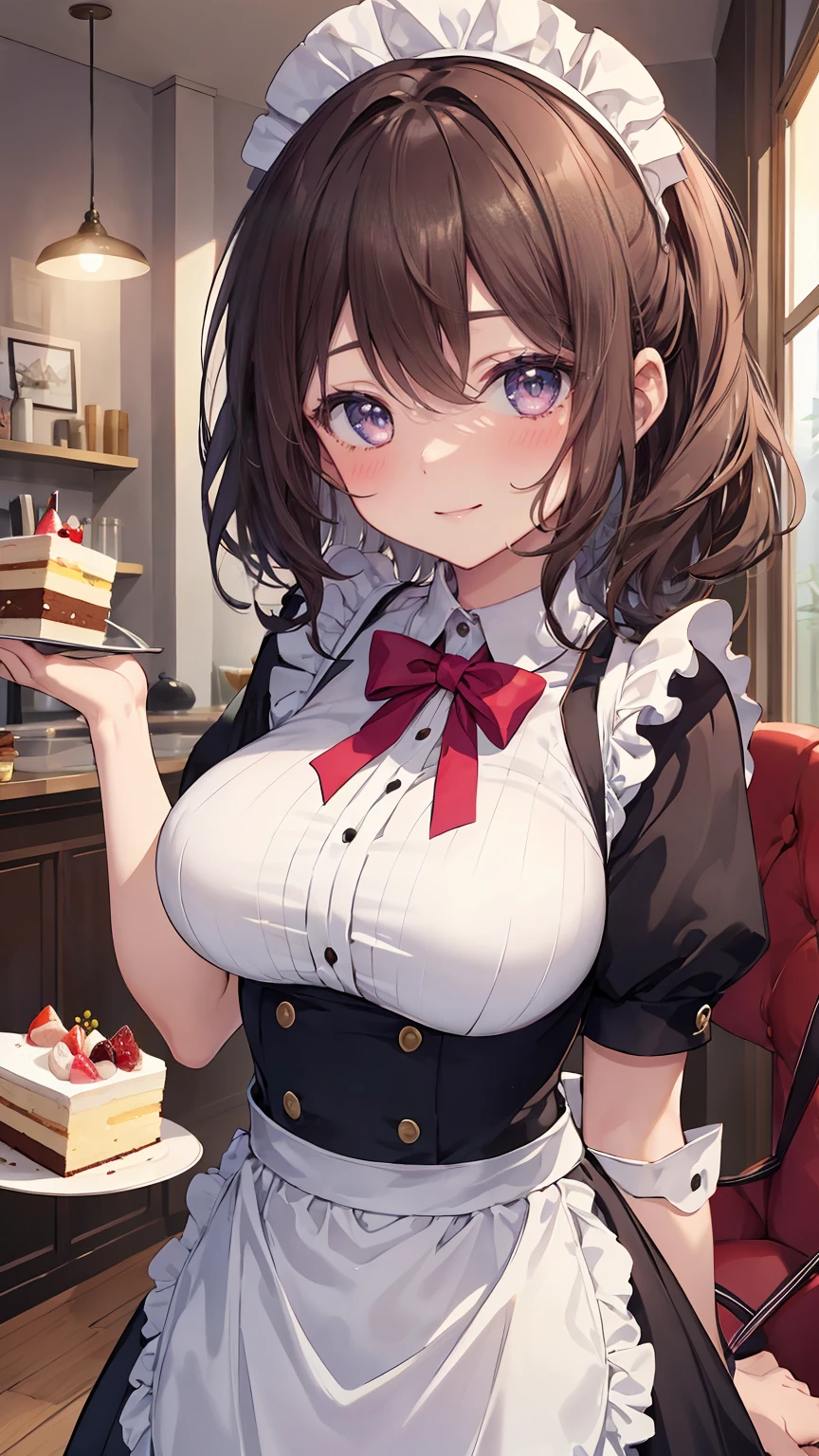 ((8Kmasterpiece,highest quality)), ultra high resolution, (masterpiece: 1.4), hyper detail, (((1 girl))),cute,beautiful and delicate eyes,purple eyes,Big eyes,shining eyes of light,Fine and long lashes,detailed light,beautiful face, ,((brown hair)),((Side tail)),blush,shy smile,open your mouth,big breasts, slender body,Maid Cafe Clerks,Indoors with a pink atmosphere,cake, looking at the viewer