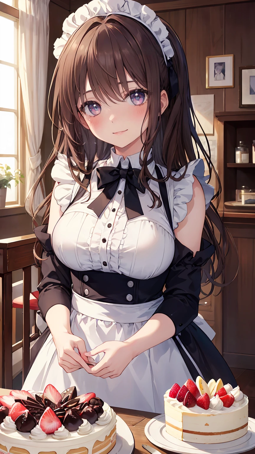 ((8Kmasterpiece,highest quality)), ultra high resolution, (masterpiece: 1.4), hyper detail, (((1 girl))),cute,beautiful and delicate eyes,purple eyes,Big eyes,shining eyes of light,Fine and long lashes,detailed light,beautiful face, ,((brown hair)),((Side tail)),blush,shy smile,open your mouth,big breasts, slender body,Maid Cafe Clerks,Indoors with a pink atmosphere,cake, looking at the viewer