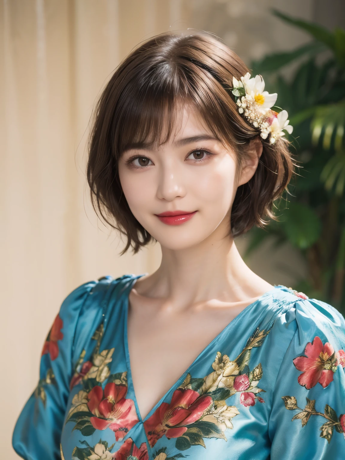 148
(20 year old woman,Floral costume), (surreal), (High resolution), ((beautiful hairstyle 46)), ((short hair:1.46)), (gentle smile), (breasted:1.1), (lipstick)